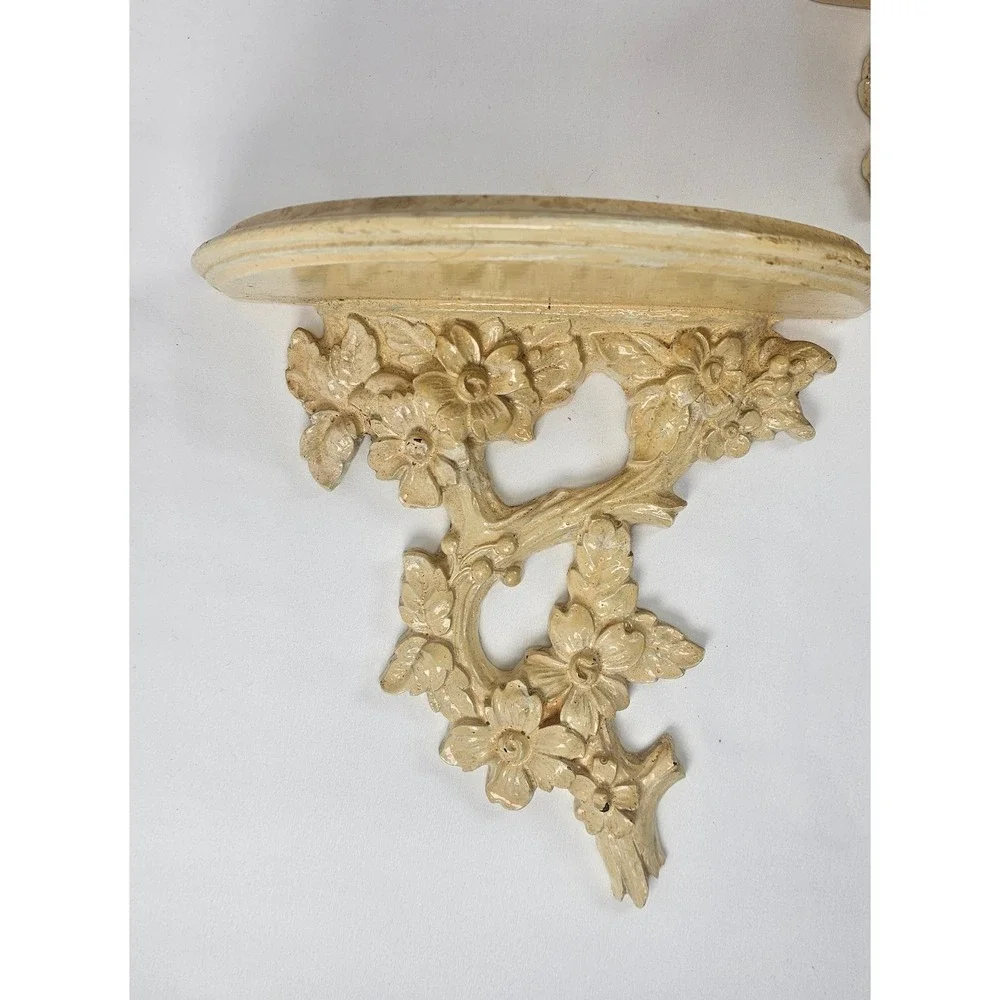 Vintage Pair Carved Wood Floral Wall Shelves Cream Distressed Hanging Display